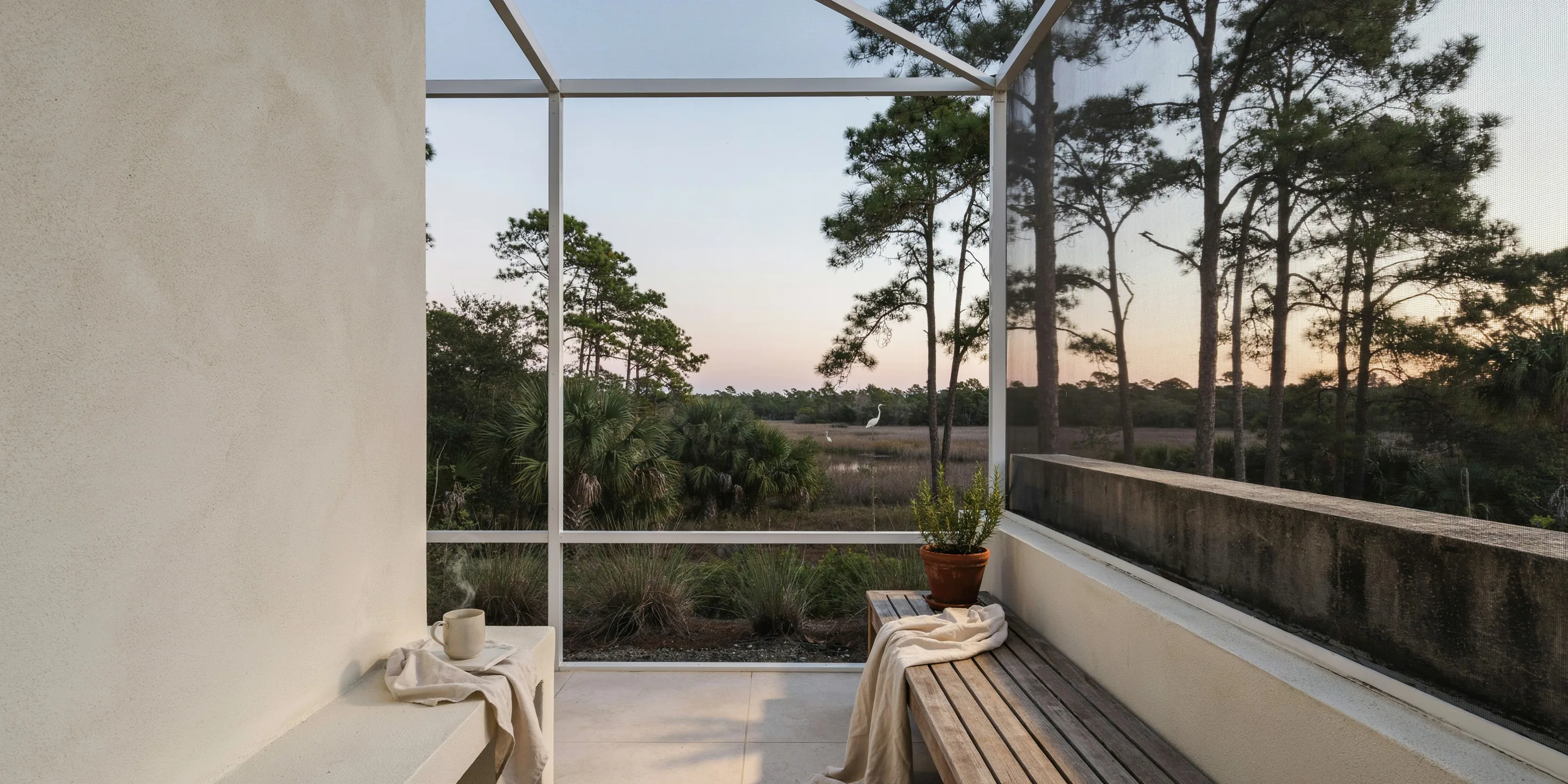 Screened porch looking out to pines in Laurel, FL