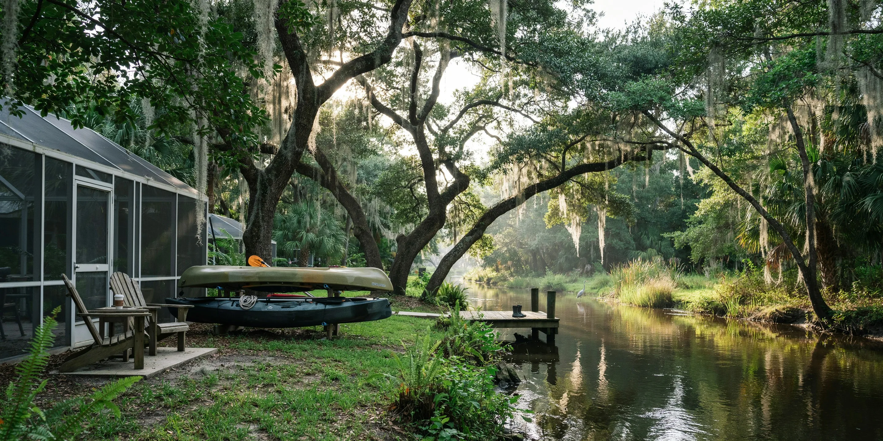 Screened porch beside a creek under live oaks in Nokomis, FL