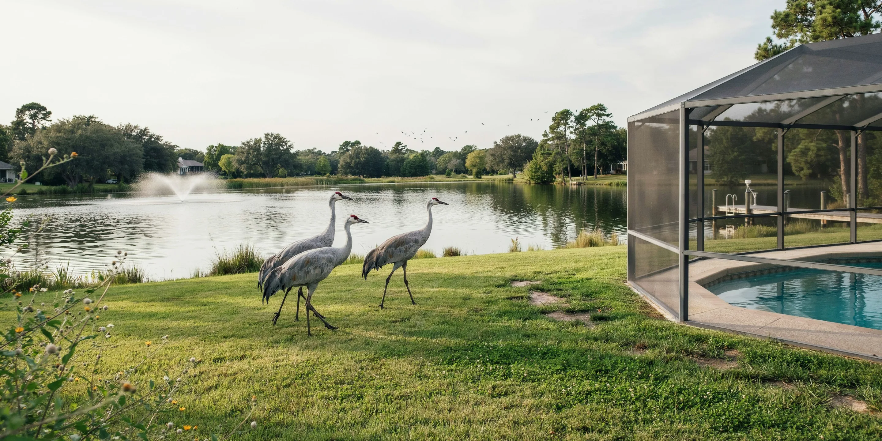 Pool cage beside a pond with sandhill cranes in Osprey, FL